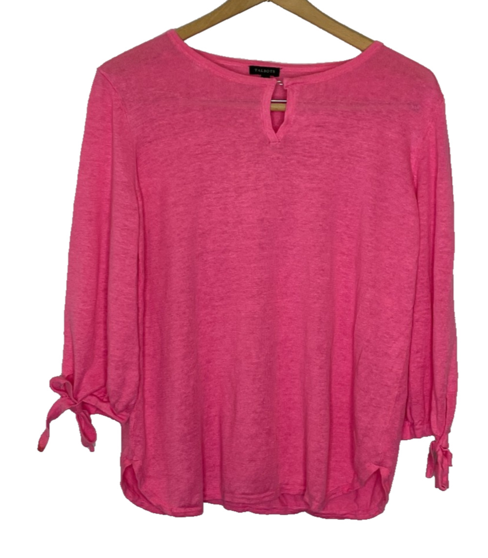 Women's Medium Talbots 100% Linen Pink Keyhole 3/4 Sleeve Bow Sweater